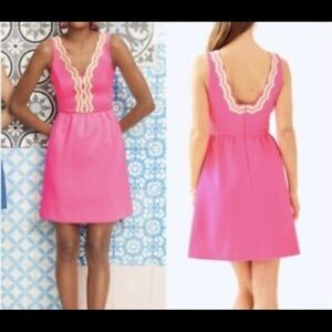 Lilly Pulitzer Sunset PINK ROREY DRESS Fit Flare Gold Trim Pockets MEDIUM 🌷